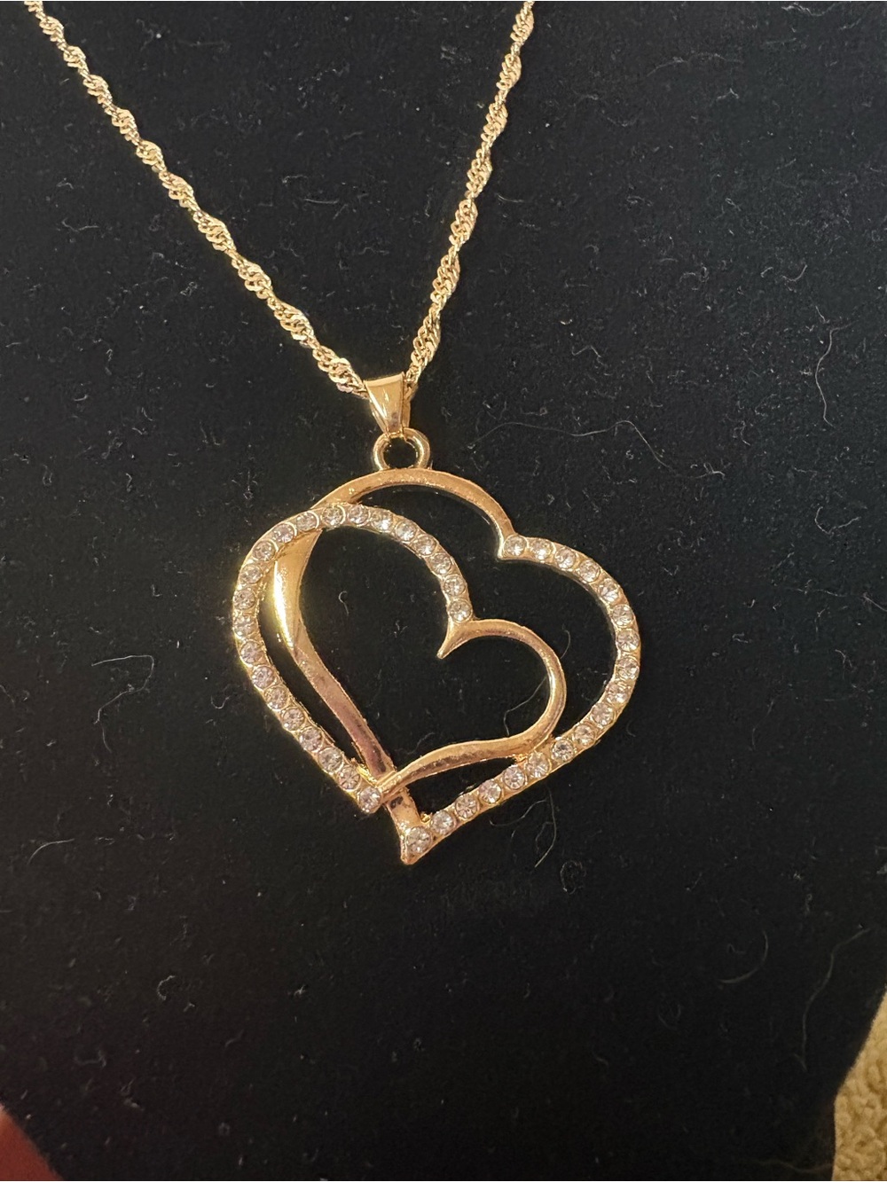 Gold Tone Double Heart Rhinestone Pendant Necklace - Picture 2 of 5